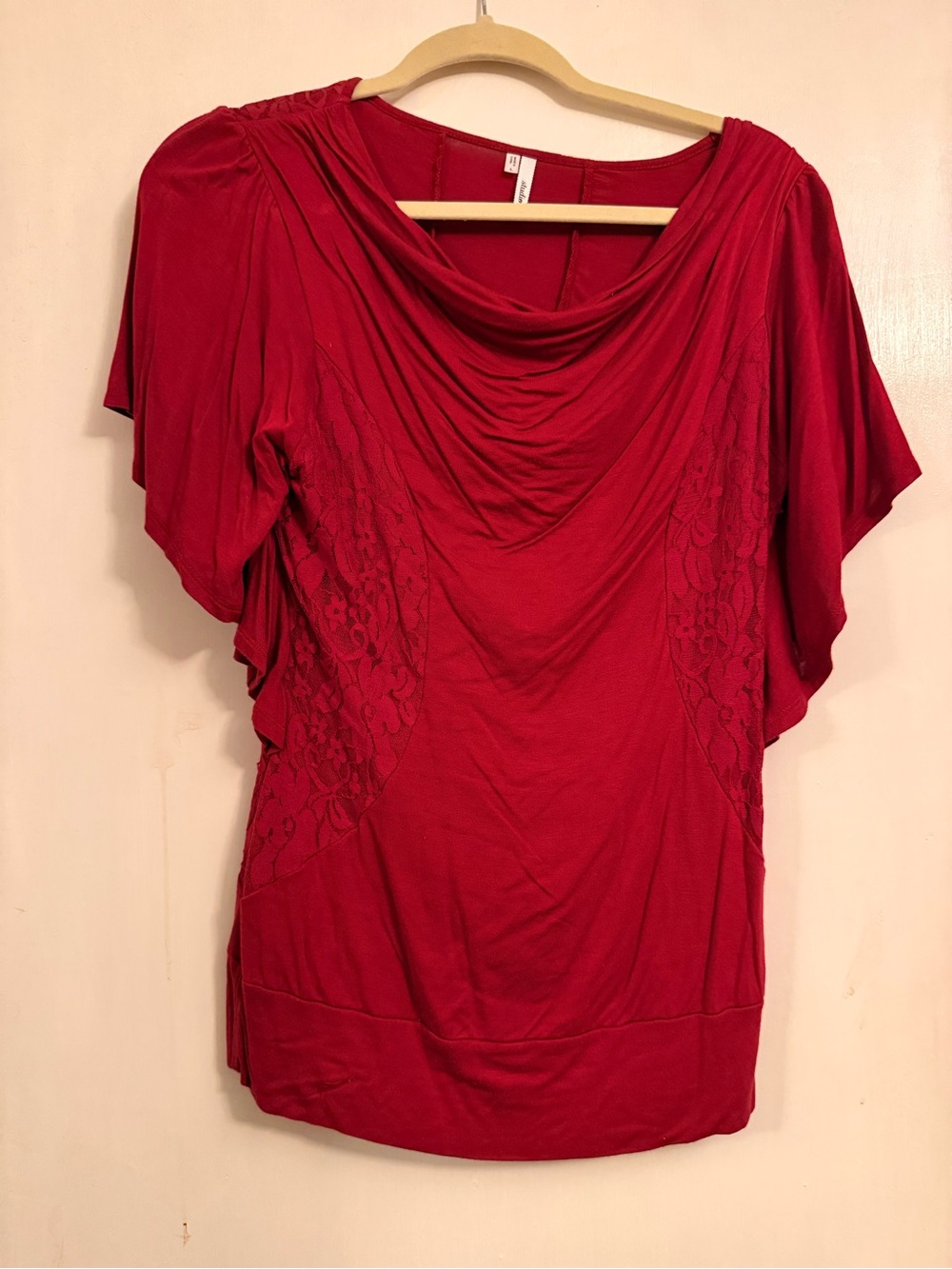 Studio Y Red Draped Cowl Lace-Panel Tunic